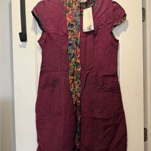 Maroon Floral-Trim Cap Sleeve Dress